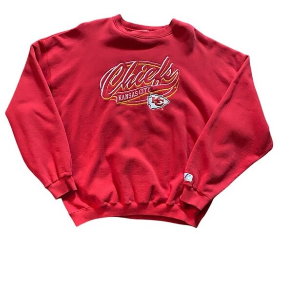 Men Vintage Kansas City Chiefs Logo Athletic NFL Pullover Crewneck Sweatshirt